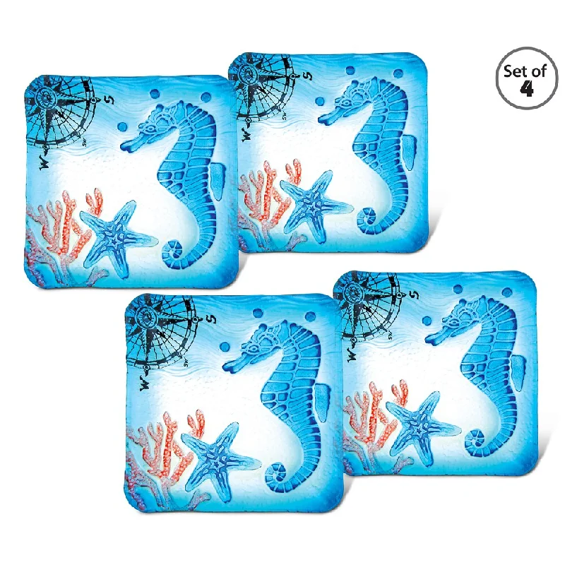 casual dinnerware for holiday meals-Puzzled Multicolored Glass Square Decorative Sea Horse Plates (Pack of 4)