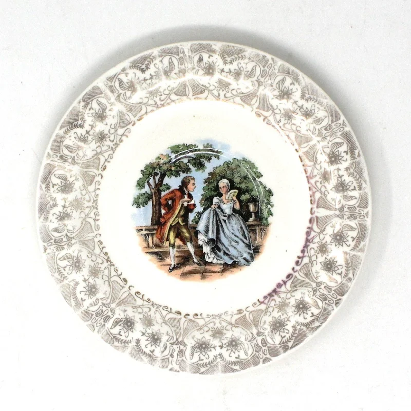 high-quality dinnerware for dinner parties-Saucer, Fragonard Courting Couple, Gold Filigree, Vintage USA