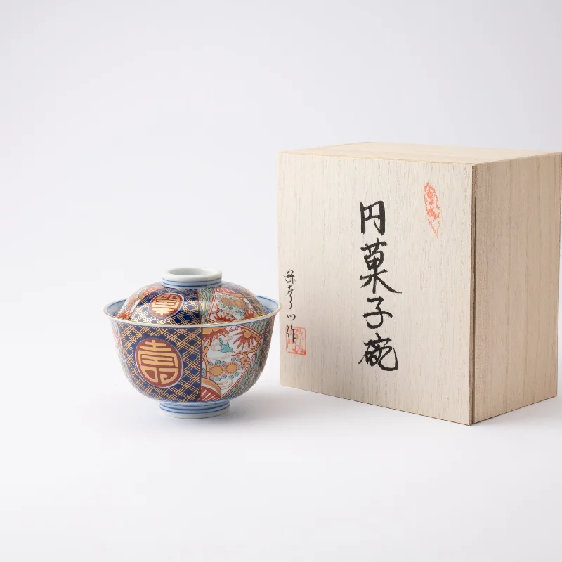 dinnerware for special family gatherings-Yazaemon Somenishiki Kotobuki Pattern Kobachi Bowl with Lid