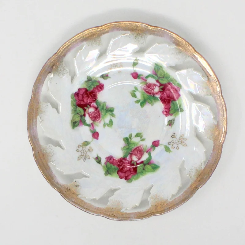 modern dinnerware for sophisticated dining-Saucer / Plate, Fred Roberts Co, Reticulated Iridescent Lusterware, Pink Roses, Vintage