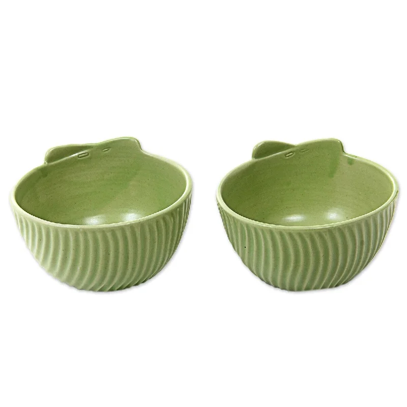 dinnerware set for hosting formal events-Novica Handmade Green Banana Leaves Small Ceramic Bowls (Pair)