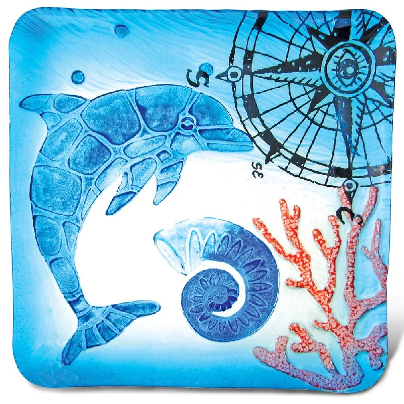 unbreakable plates for kids and outdoor events-Blue Glass 12-inch Square Dolphin Plate