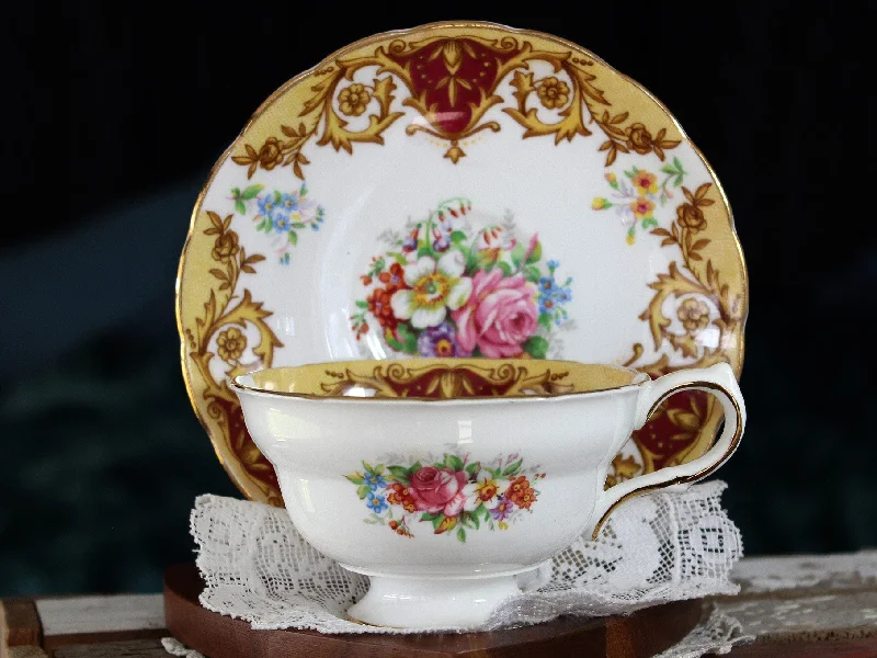 funny coffee mugs for tea drinkers-Grosvenor Balmoral, Biscuit & Burgundy Tea Cup & Saucer, Bone China 16688