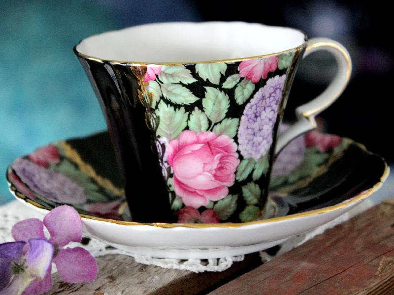 funny coffee cups for best friends-Royal Standard, Black Paneled Teacup, Stunning Chintz, Cup and Saucer 15811