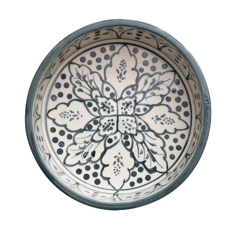 formal dinnerware set for upscale hosting-Hand-Painted Stoneware Pet Bowl with Botanical Design - 9.0"L x 9.0"W x 2.5"H