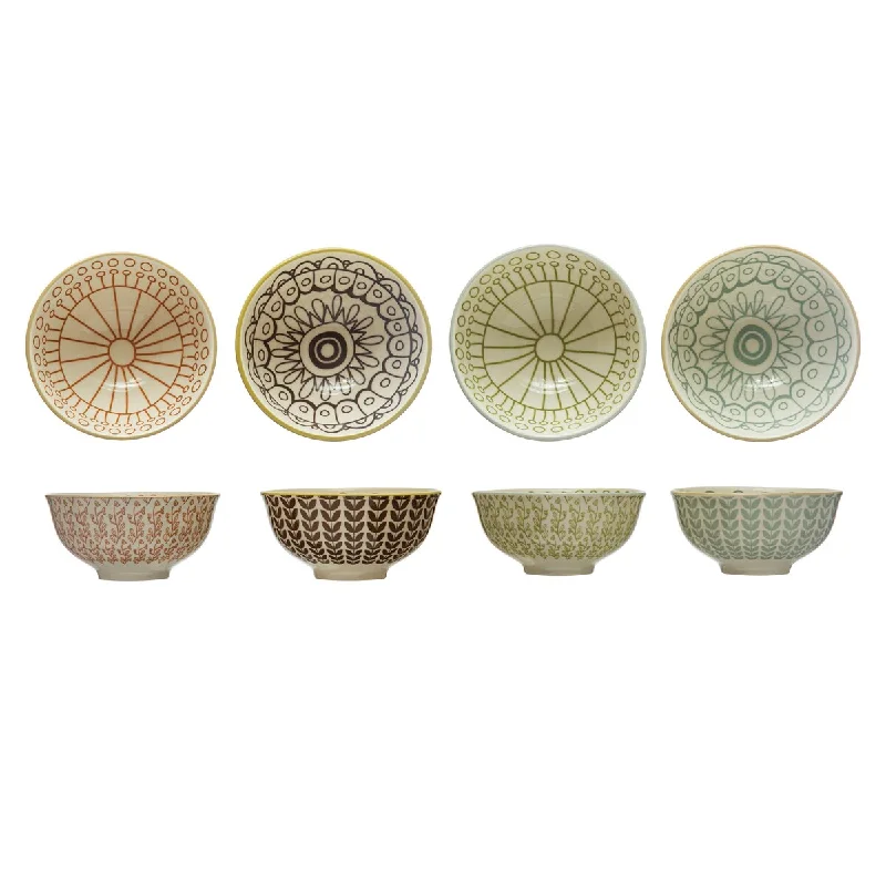 high-quality dinnerware for dinner parties-Stoneware Bowls with Painted Patterns - 4.6"L x 4.6"W x 2.3"H