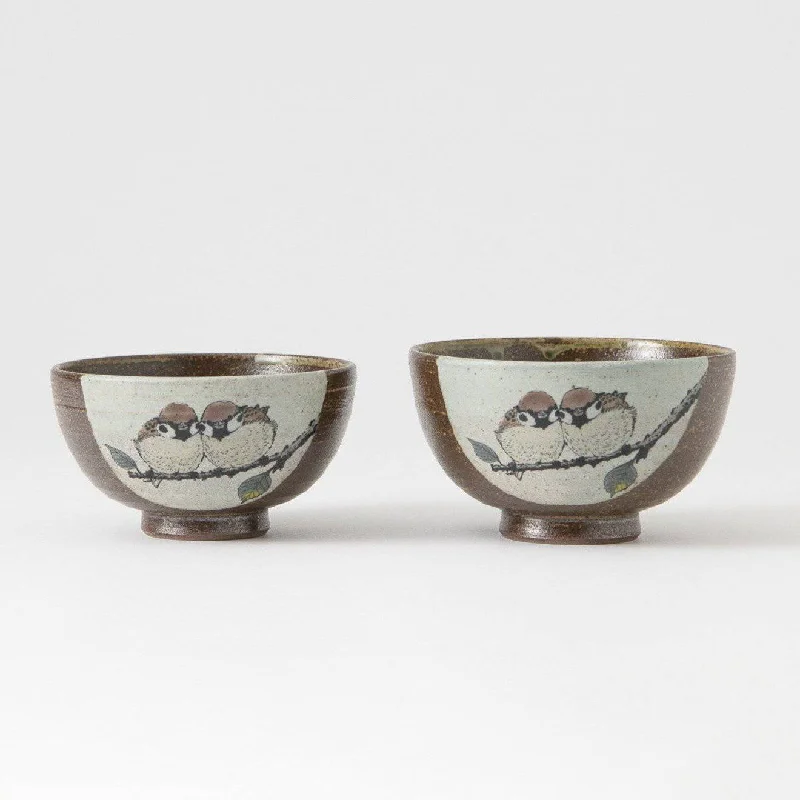 luxury dinnerware set for hosting special events-Twin Sparrows Kutani Japanese Rice Bowl Pair