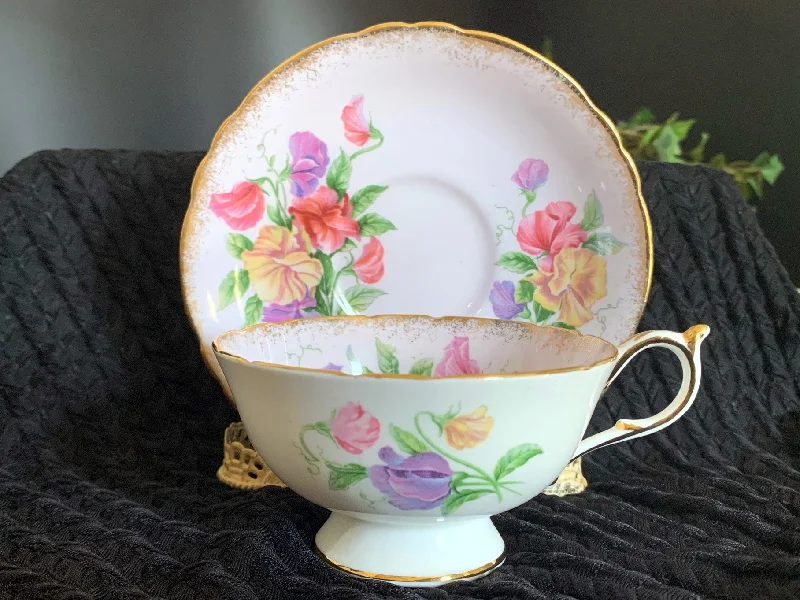 custom coffee cups for business branding-Paragon Pastel Pink Teacup & Saucer, Sweet Pea English Bone China Tea Cup -J