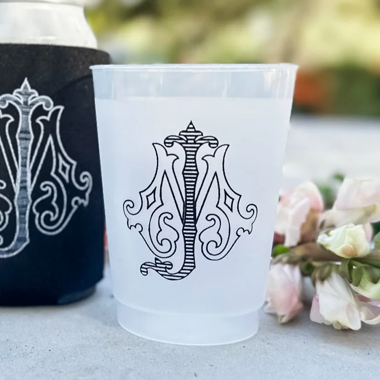 travel coffee mugs with handles for easy grip-Interlocking Black Ink Monogram Cups