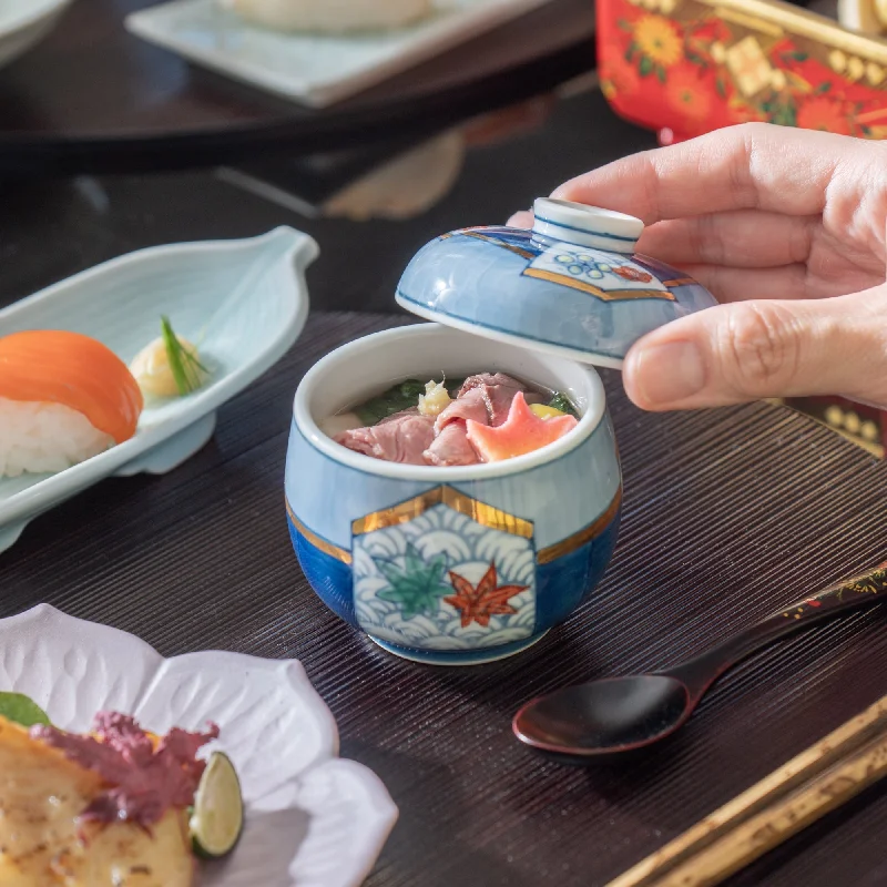 disposable dinner plates for holiday parties-Musubi Mono Wave Motif with Pine and Plum Blossom Arita Chawanmushi Bowl