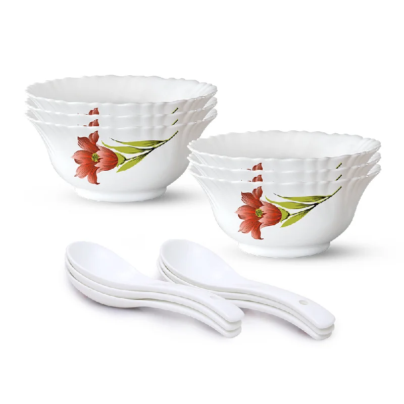 modern dinner plates for trendy gatherings-Larah by Borosil Red Iris Soup Bowl w Spoon