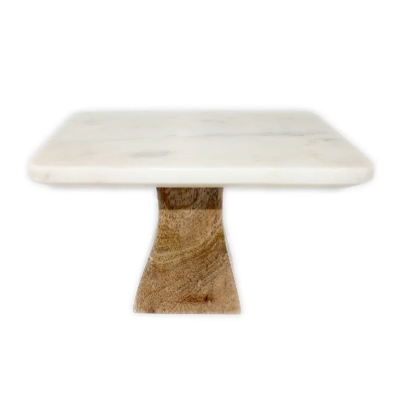 eco-friendly disposable dinnerware for events-Sm. White Marble Square Cake Plate w/ Mango Wood Base 8"x8"