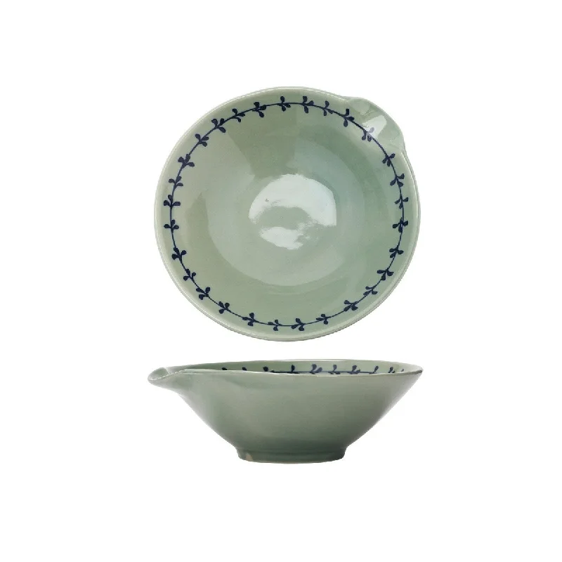 modern dinnerware for hosting dinner parties-Hand Painted Stoneware Bowl with Spout and Pattern, - 8.3"L x 7.8"W x 2.8"H