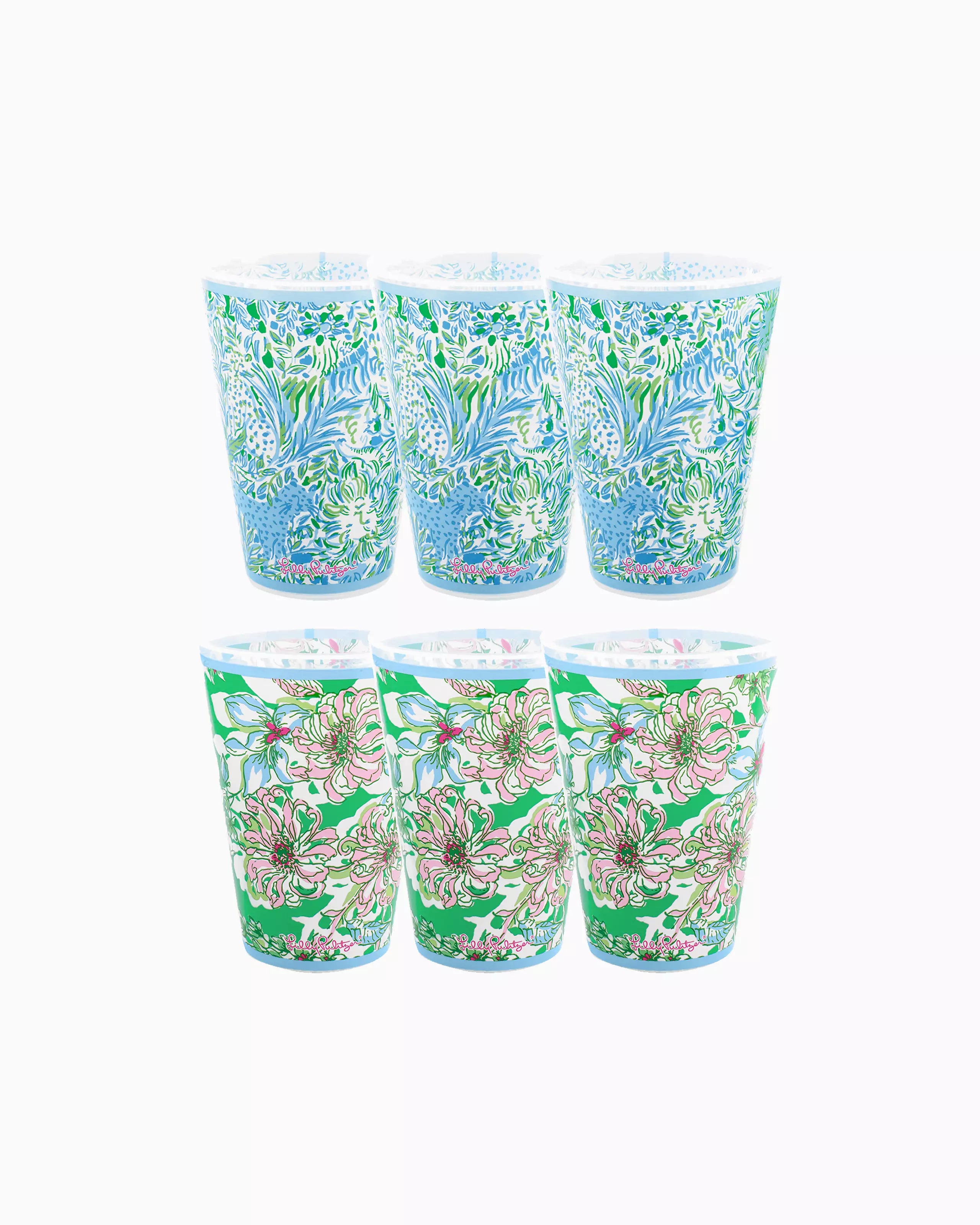 insulated mugs for enjoying hot cocoa-Lilly Pulitzer - 14oz Cups- Set of 6- Blossom Views and Hydra Blue Dandy Lyons