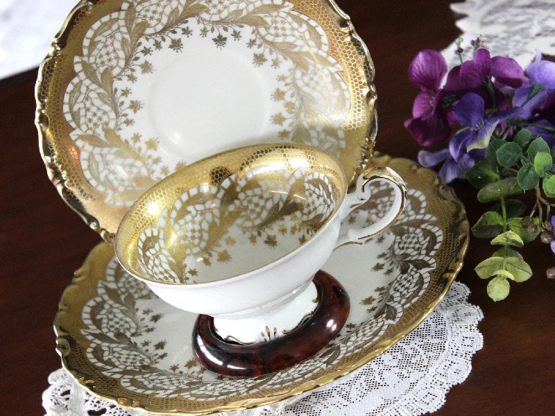 best coffee mugs for enjoying iced drinks-Brabant Alka Trio, Teacup, Saucer & Side Plate, Heavy Gilt Decoration 16532