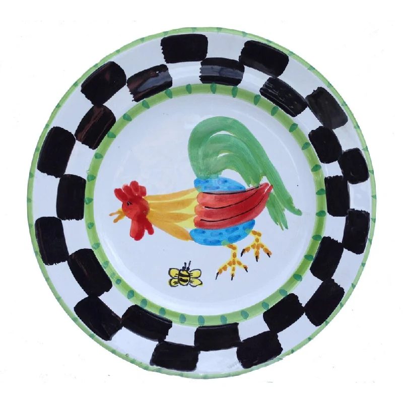 formal dinnerware set for hosting guests-Handmade 'Proud Fools' Black/ White and Green Rooster Decorative Plate (Italy)