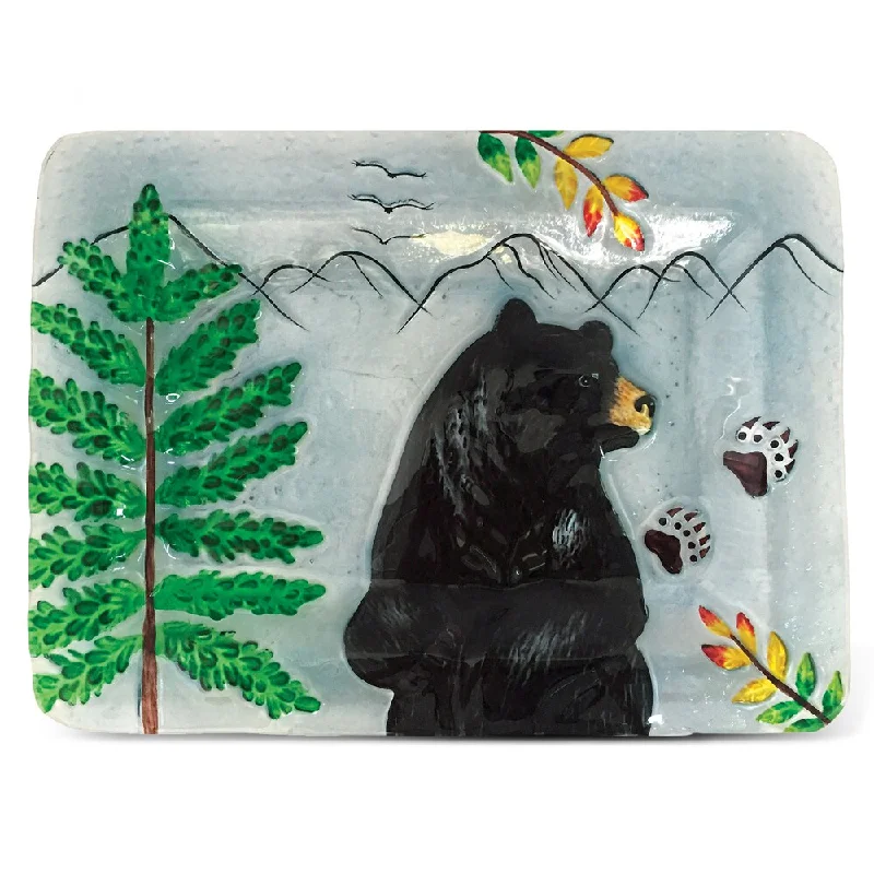 unbreakable dinnerware for kids’ birthday parties-Puzzled Black Bear Glass 12-inch Rectangular Plate (Pack of 4)