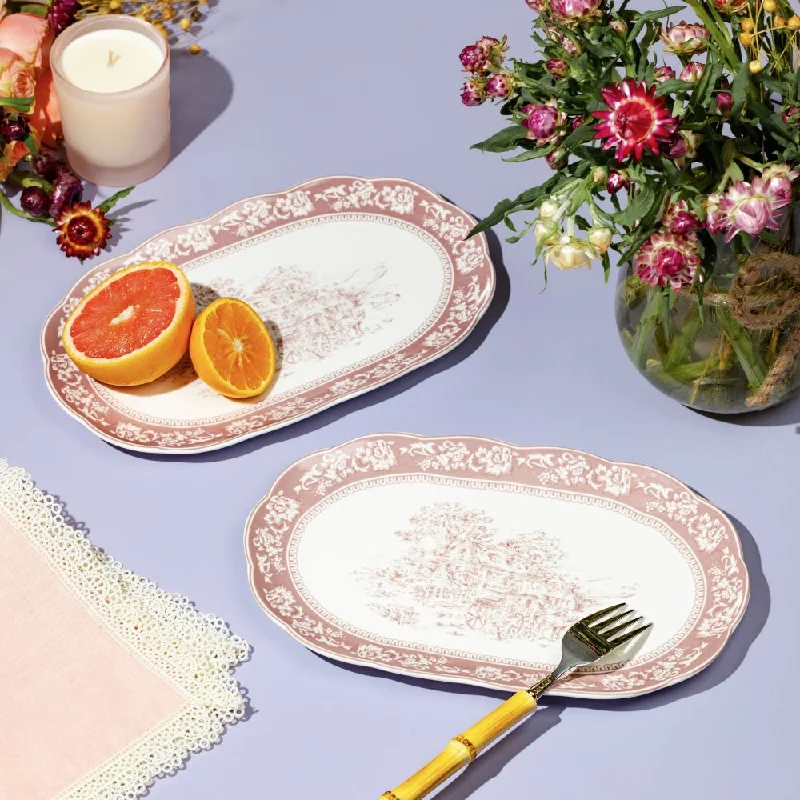 high-end dinner plates for formal occasions-Eloise White & Pink Oval Serving Plate