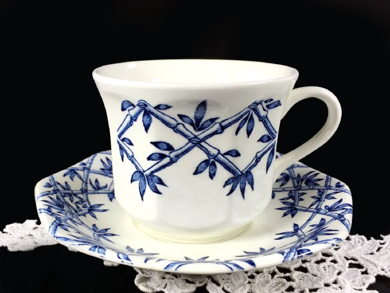 stylish travel mugs for tea lovers-J&G Meakin Blue and White Trellis Tea Cup / Coffee Mug and Saucer, England -J