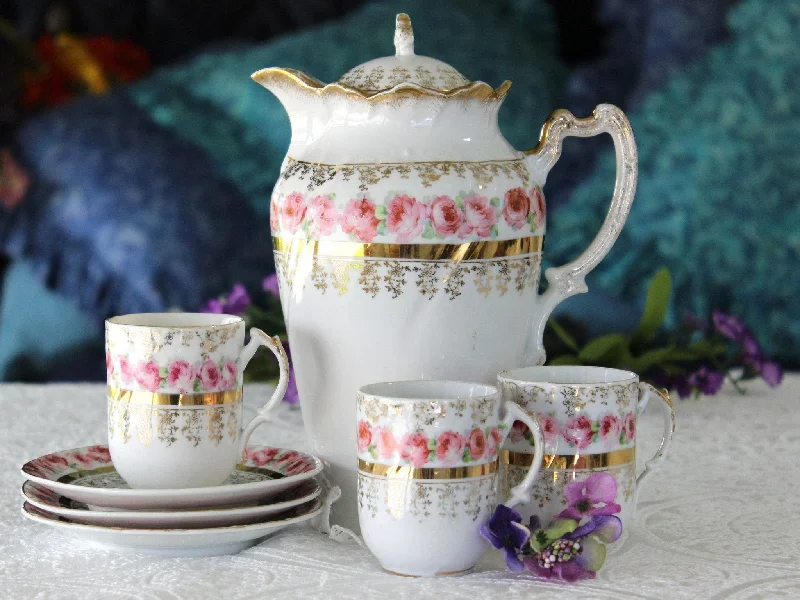 large coffee mugs with inspirational designs-Antique Chocolate Pot, Coffee Pot, Shabby Pink Roses, Demitasse Cups & Saucers 16928