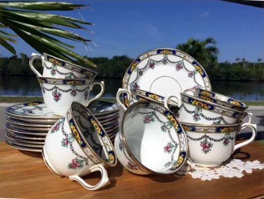 custom mugs for weddings and celebrations-Hand Painted Teacups, Lot of Eight Cups and Side Plates, Celebrate China, Made in England -J