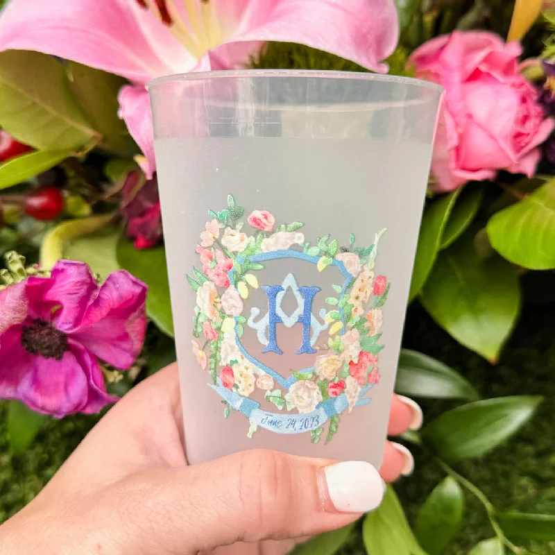 custom mugs for corporate giveaways-Custom Floral Monogram Crest Shatterproof Cups