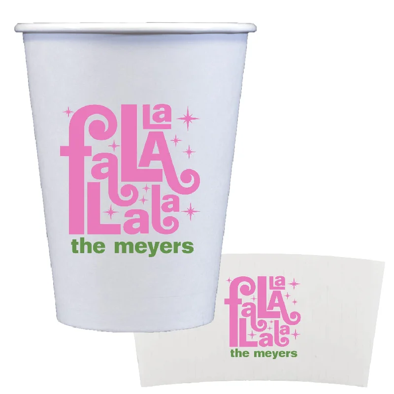 personalized coffee cups for holidays-fa la la | coffee cups + sleeves