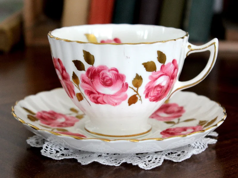 stylish coffee mugs with motivational quotes-Radfords Cup and Saucer - White with Pink Cabbage Roses 15341