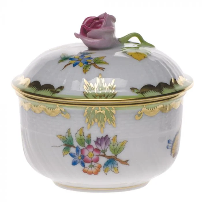 modern dinnerware for special occasions-Queen Victoria Green Sugar Bowl w/ Pink Rose