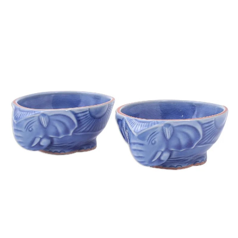 dinner plates with minimalistic designs-Novica Handmade Elephant Companion In Blue Celadon Ceramic Bowls (Pair)