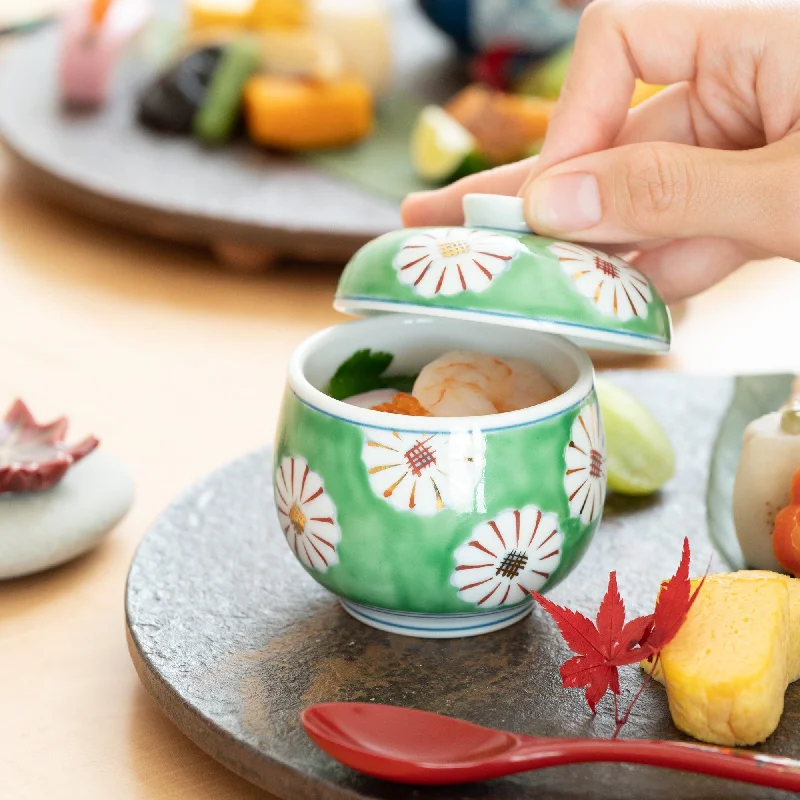 dinnerware set for hosting upscale dinner parties-Musubi Mono Green Field of Chrysanthemums Arita Chawanmushi Bowl 　