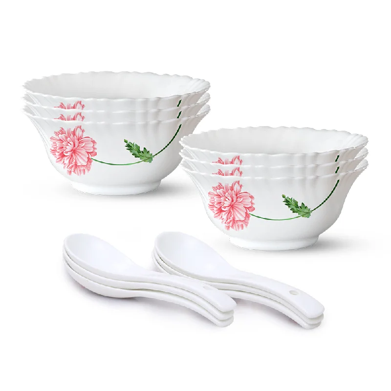 luxury dinnerware for fine dining experiences-Larah by Borosil Red Mist Soup Bowl w Spoon