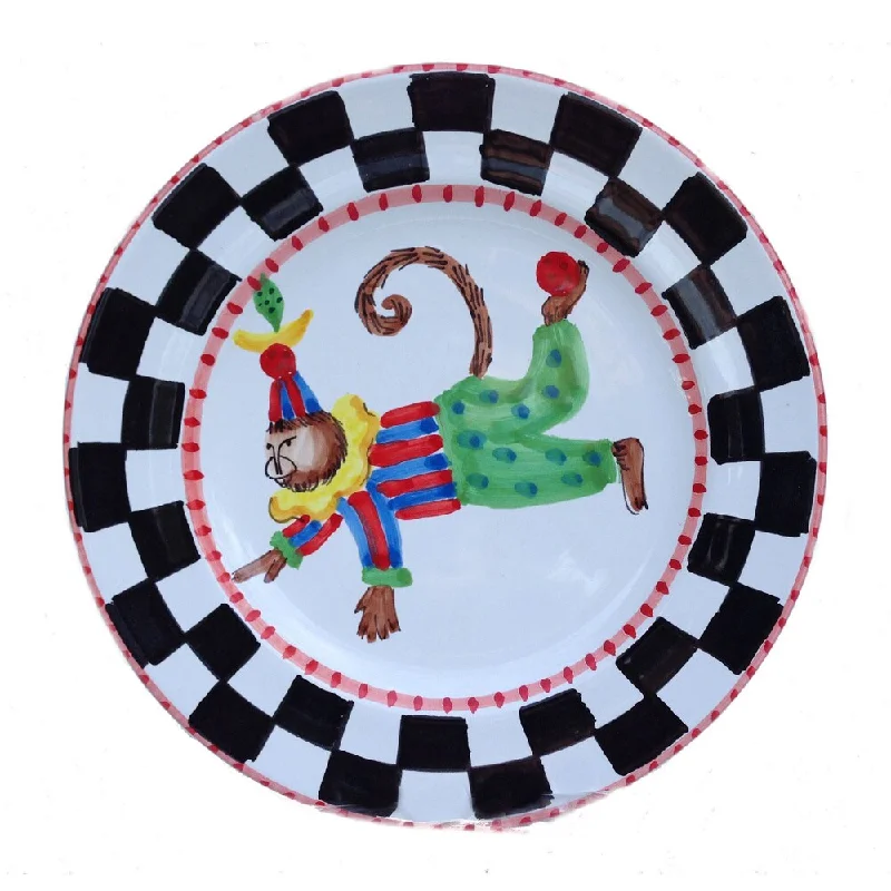 formal dinnerware set for upscale hosting-Handmade 'Monkey Business' Checked Border Red Rim Decorative Plate (Italy)