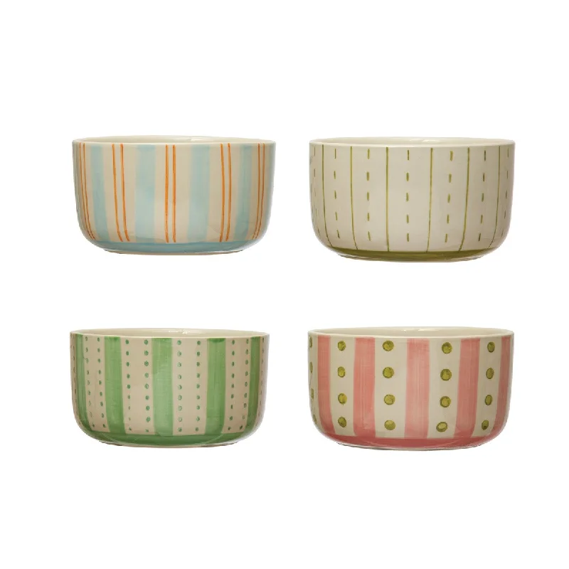 kids’ dinnerware set with animal shapes-Stoneware Bowls with Painted Patterns - 5.0"L x 5.0"W x 2.8"H