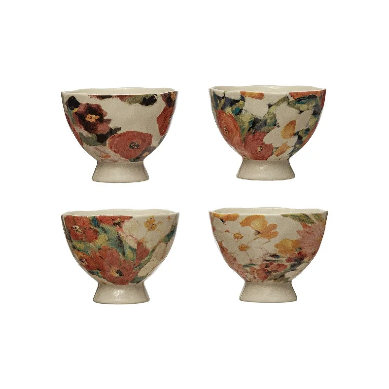 dinner plates for formal dining occasions-Stoneware Footed Bowls with Floral Image - 4.5"L x 4.5"W x 3.5"H