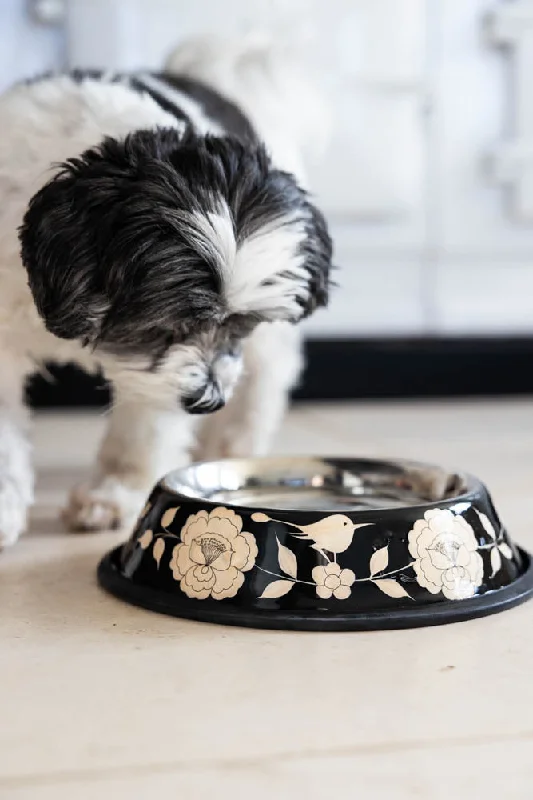 modern dinnerware for modern homes and kitchens-Monochrome Floral Stainless Steel Dog Bowl