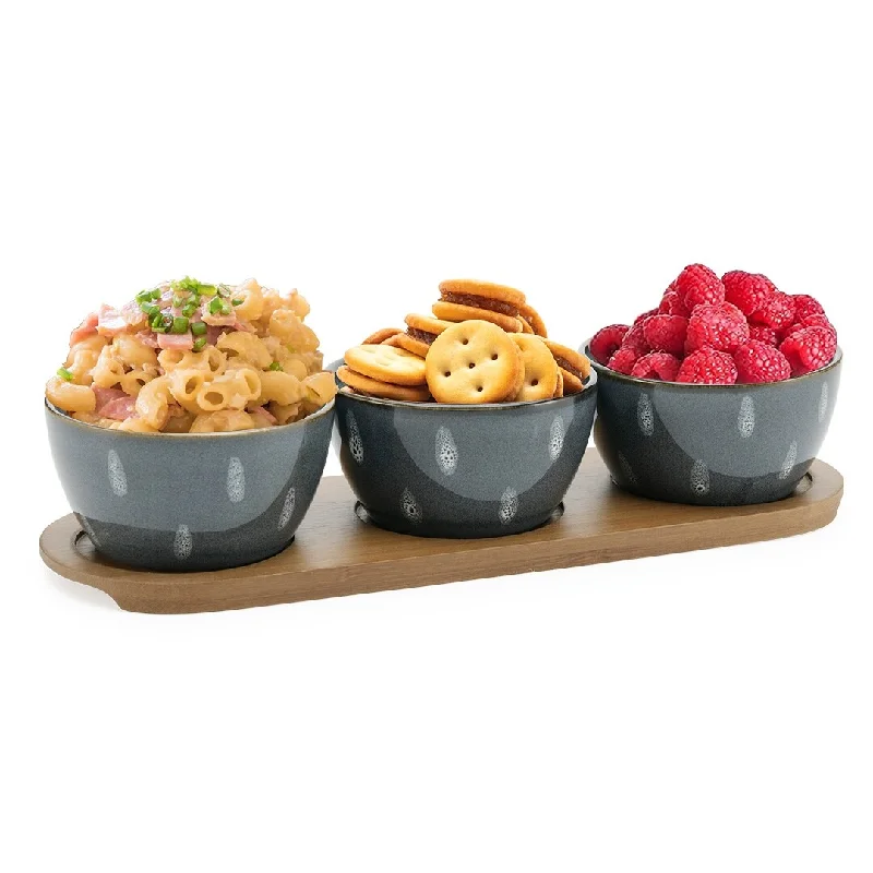 high-quality dinnerware for large parties-American Atelier 3 Snack Bowls with Bamboo Serving Tray