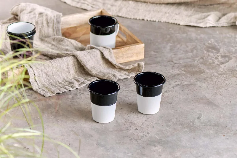 Large handmade ceramic vases for floral displays -Abessa Dipped Cup - Black & White (Set of 4)