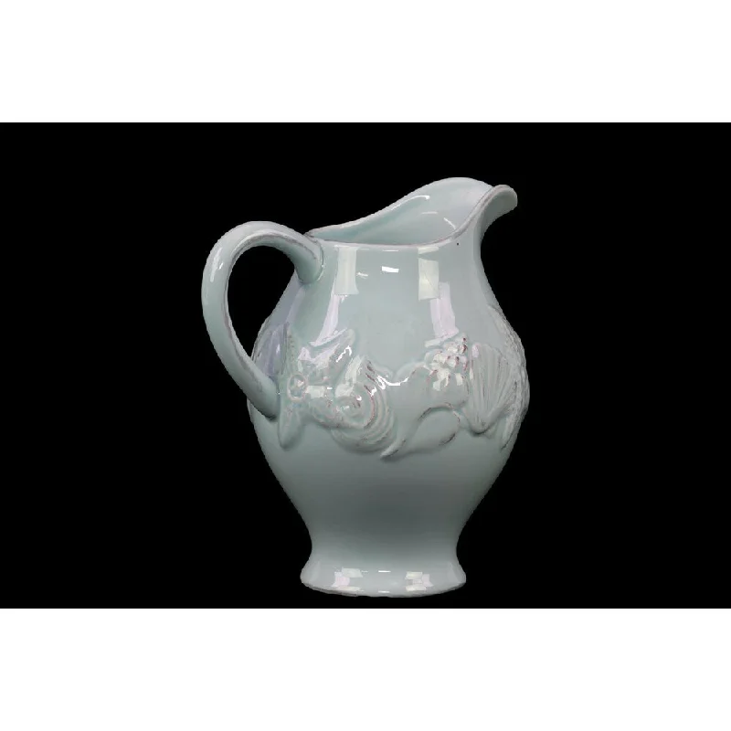 Crystal flower vases for elegant wedding setups -Ceramic Pitcher with Handle and Marine Life Design Gloss Finish Light Cyan