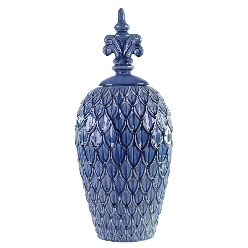 Large handmade vases for home flower displays -Feathered Textured Tall Sapphire Blue Urn