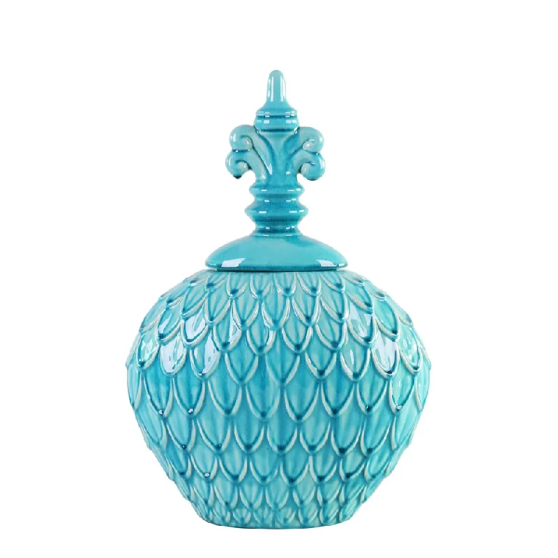 Handmade ceramic flower vases for elegant decor -Feathered Textured Turquoise Blue Small Urn