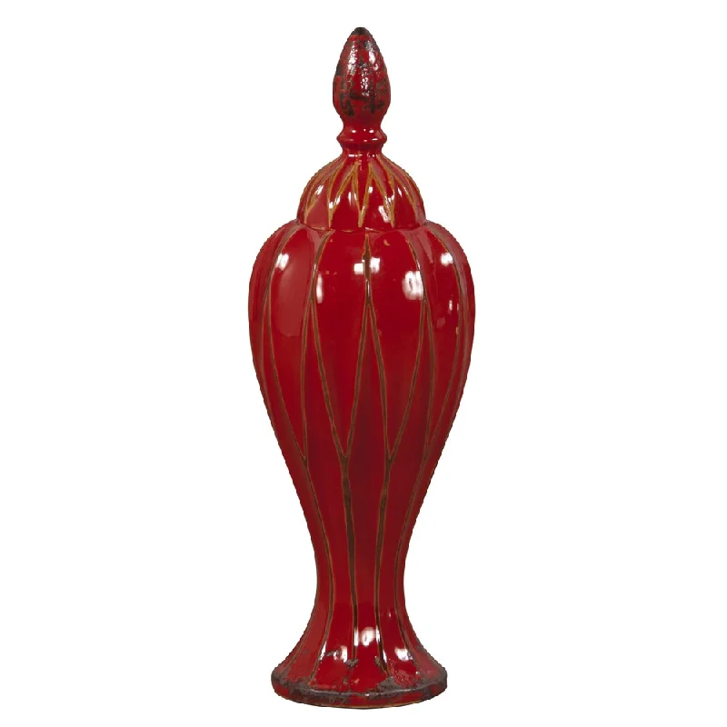 Handmade tall vases for home decor -Glossy Red Glaze Ceramic Small Vase with Lid