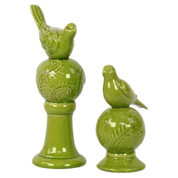 Handmade crystal flower vases for modern floral displays -Green Stoneware Bird (Set of 2)