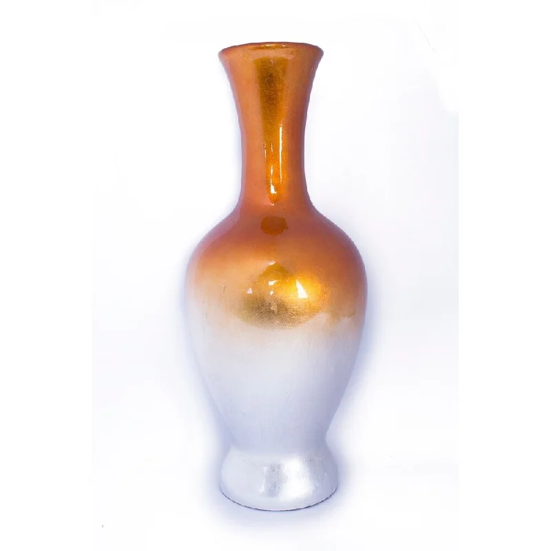 Handcrafted tall flower vases for floral table displays -Mary 20 Inch Ombre Lacquered Orange/ White Ceramic Vase