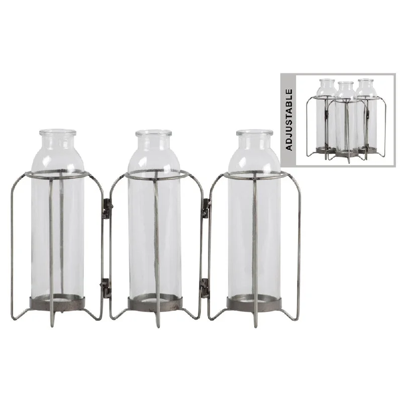 Designer crystal flower vases for floral decor -Metal Hinged Bud Vase Holder with 3 Glass Bottle Vases Distressed Fini