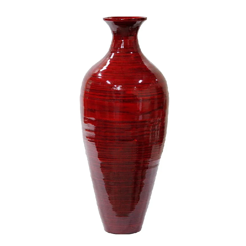 Handmade crystal flower vases for elegant events -Oiled Red Hand-spun Bamboo Tall Long-neck Bottle Vase