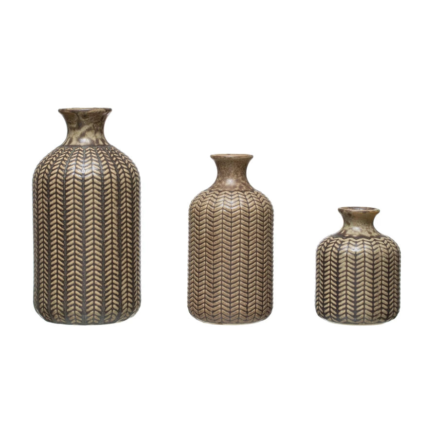 Large decorative crystal vases for elegant home decor -Reactive Glaze Embossed Stoneware Vases