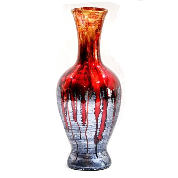 Handcrafted tall flower vases for floral table displays -Red-gold Drip on Blue Long Neck Amphora Heart Vase