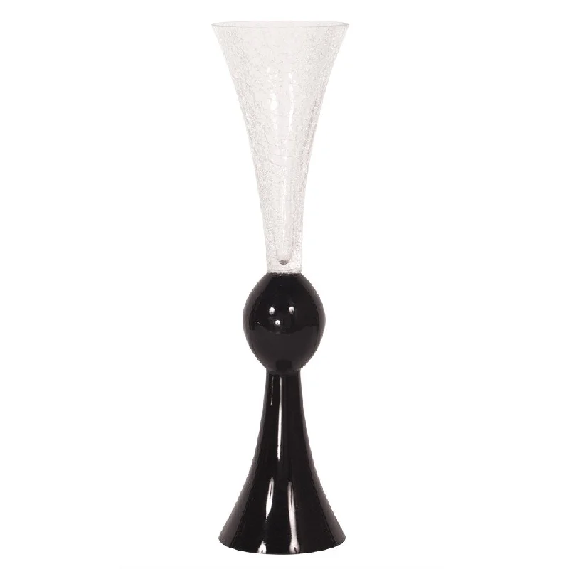 Tall crystal flower vases for luxurious wedding setups -Small Black Crackled Glass Fluted Vase