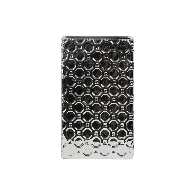 Simple modern flower vases for home table centerpieces -UTC14840: Porcelain Broad Rectangular Vase LG Octagonal Patterned Polished Chrome Finish Silver